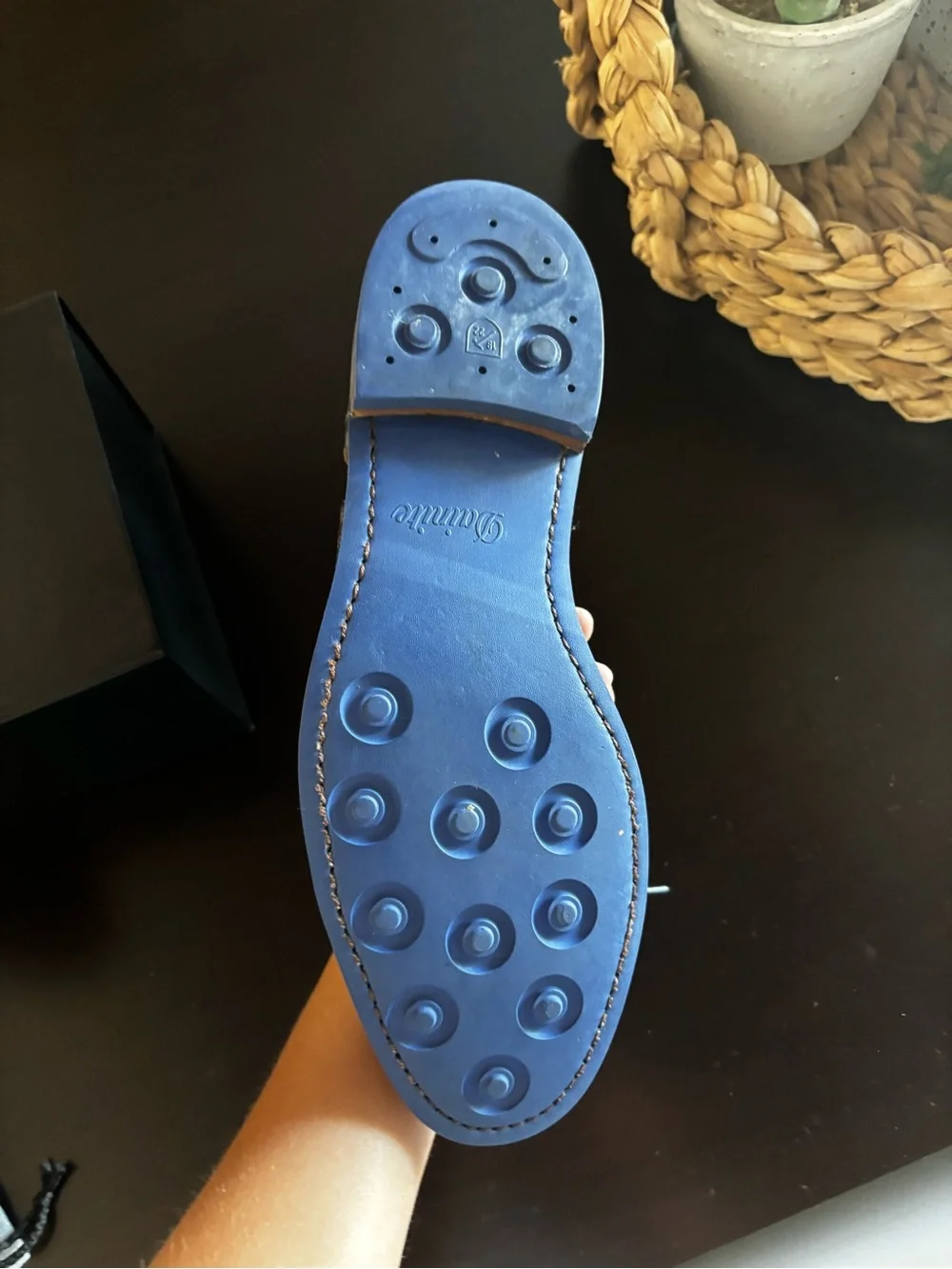 Men’s Allen Edmond’s Strandmok shoes, size 11.5 E, black leather and blue laces
